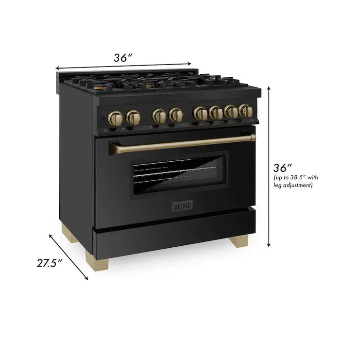 ZLINE Kitchen and Bath Autograph 36 in. Gas Burner/Electric Oven Range in Black Stainless Steel with Champagne Bronze Accents, RABZ-36-CB ZLINE