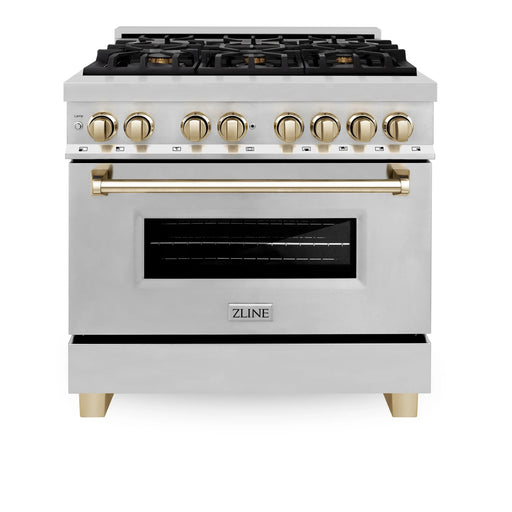 ZLINE Kitchen and Bath Autograph Edition 36 In. Range with Gas Stove and Electric Oven in Stainless Steel with Gold Accent, RAZ-36-G ZLINE