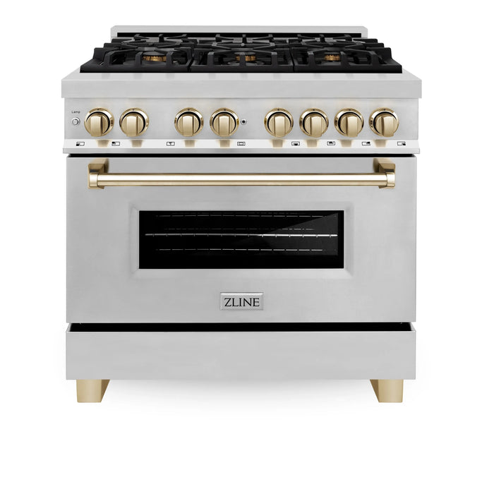 ZLINE Kitchen and Bath Autograph Edition 36 In. Range with Gas Stove and Electric Oven in Stainless Steel with Gold Accent, RAZ-36-G ZLINE