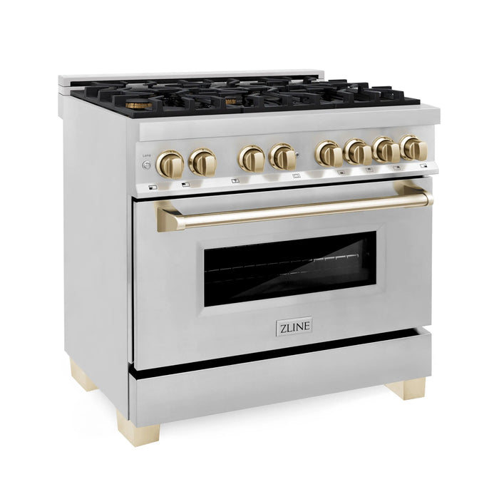 ZLINE Kitchen and Bath Autograph Edition 36 In. Range with Gas Stove and Electric Oven in Stainless Steel with Gold Accent, RAZ-36-G ZLINE