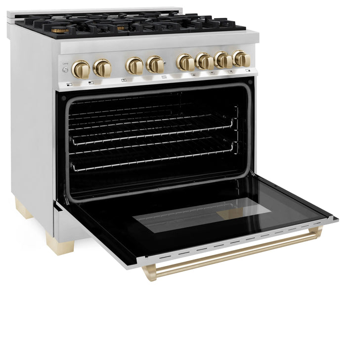 ZLINE Kitchen and Bath Autograph Edition 36 In. Range with Gas Stove and Electric Oven in Stainless Steel with Gold Accent, RAZ-36-G ZLINE