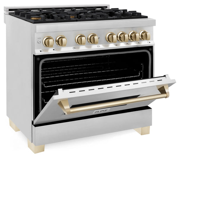 ZLINE Kitchen and Bath Autograph Edition 36 In. Range with Gas Stove and Electric Oven in Stainless Steel with Gold Accent, RAZ-36-G ZLINE