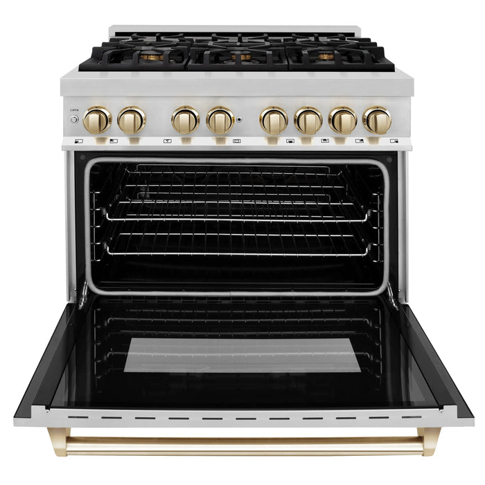 ZLINE Kitchen and Bath Autograph Edition 36 In. Range with Gas Stove and Electric Oven in Stainless Steel with Gold Accent, RAZ-36-G ZLINE