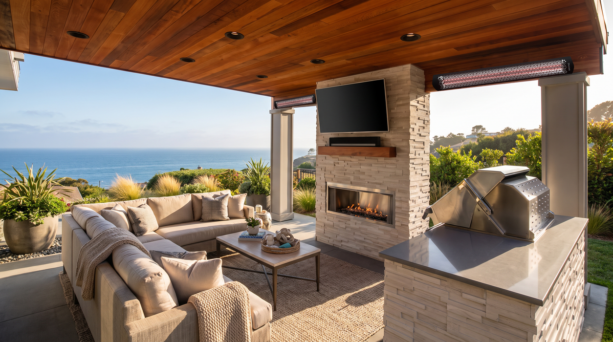 Bromic Tungsten Smart-Heat Electric Coastal heater on an oceanfront outdoor kitchen patio