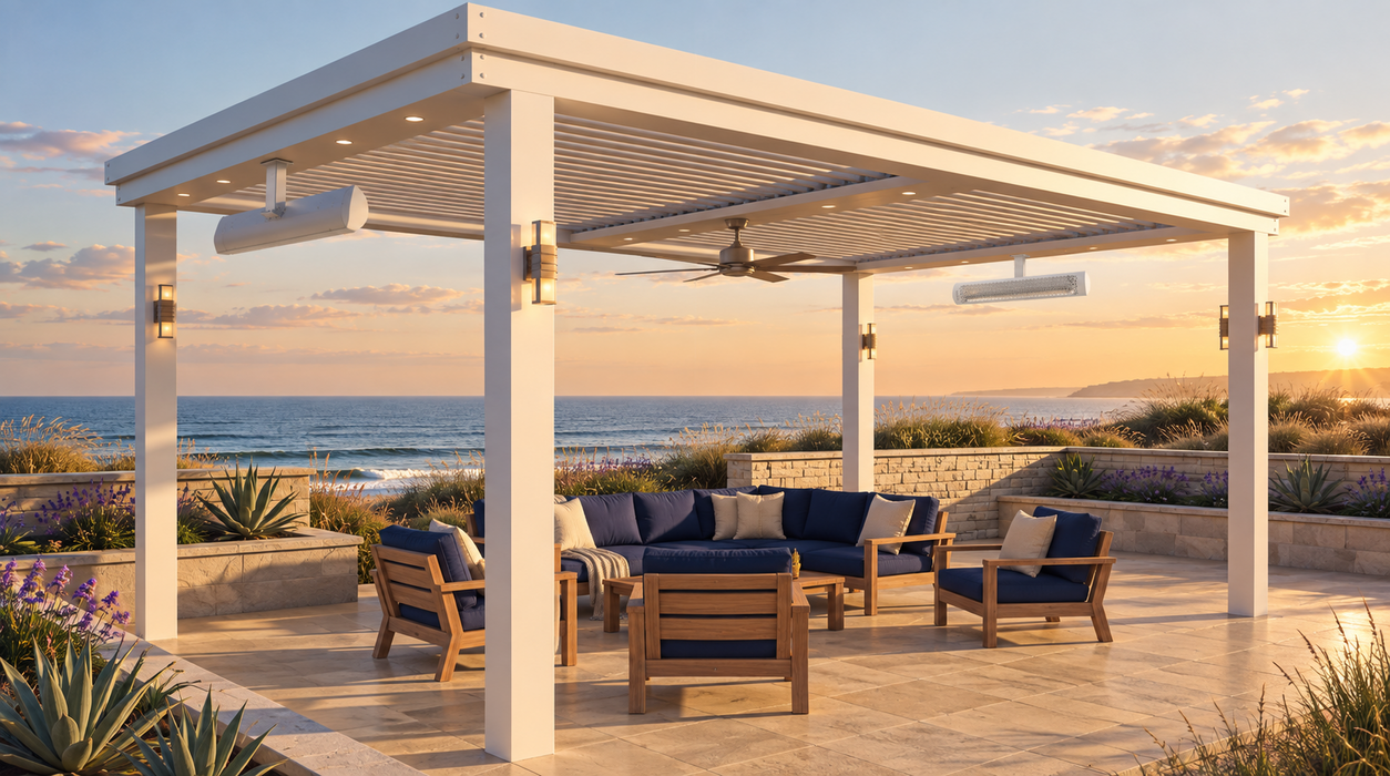 Bromic Tungsten Smart-Heat Electric Coastal heaters on a seaside pergola