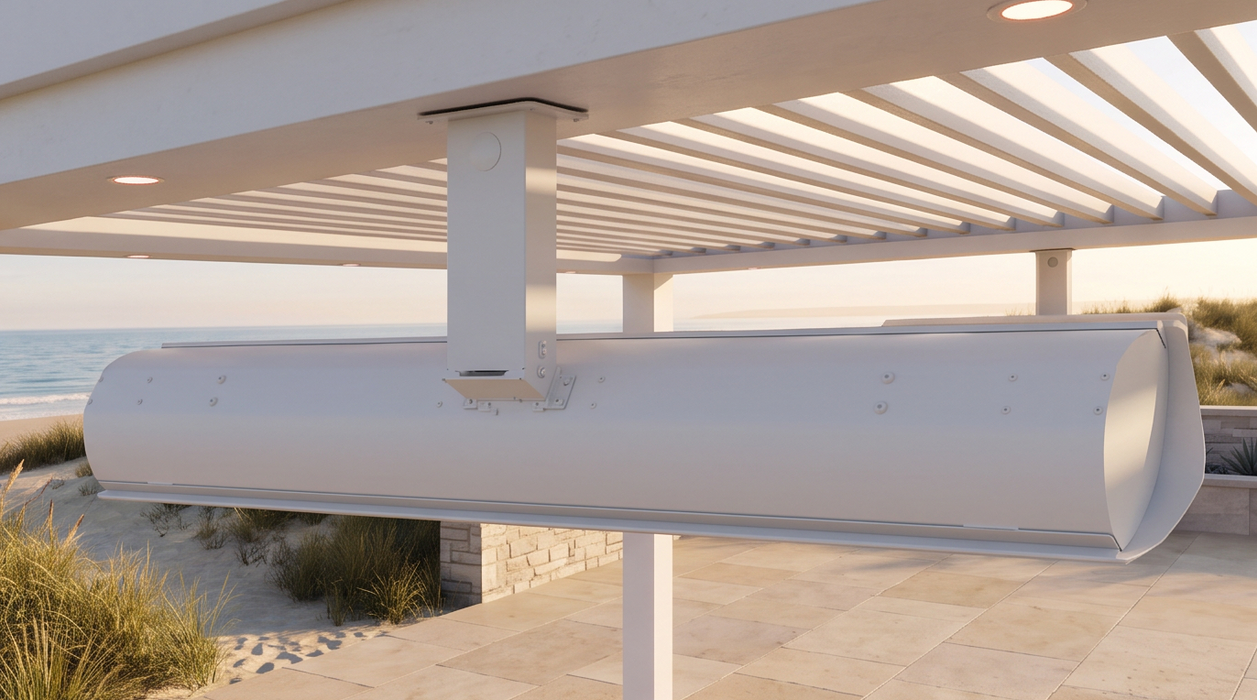 Bromic Tungsten Smart-Heat Electric Coastal heater on its single-post mount, close-up