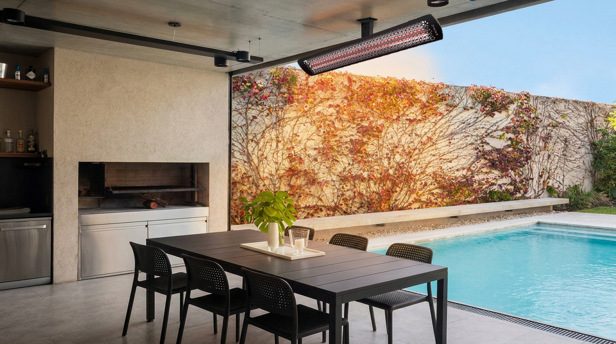 Bromic Tungsten Smart-Heat Electric Select heater over a poolside dining table