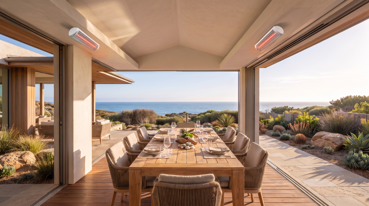 Bromic Tungsten Smart-Heat Electric Coastal heaters over an oceanfront dining table