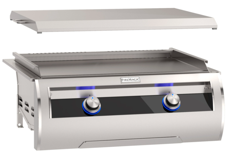 Fire Magic Echelon Diamond E660i gourmet griddle with black glass and stainless steel cover