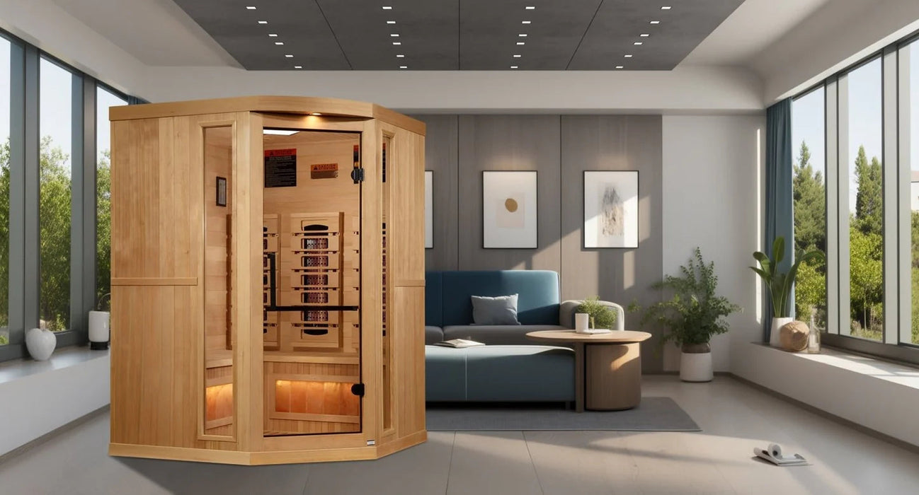 Golden Designs 3-Person Corner Full Spectrum Near Zero EMF FAR Infrared Sauna w/ Himalayan Salt Bar Golden Design Saunas