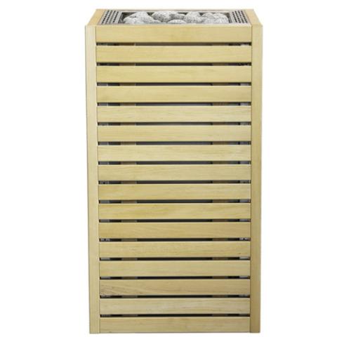 HUUM CORE electric sauna heater with alder wood panels and stainless steel top, filled with sauna stones