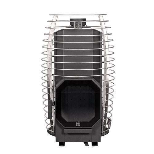 HUUM HIVE Flow wood-burning sauna stove without stones, showing the firebox and stone cage