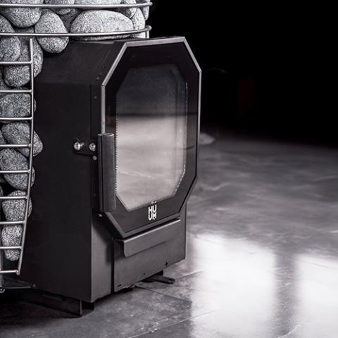 HUUM HIVE Flow sauna stove glass firebox door, side view