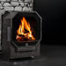 HUUM HIVE Flow sauna stove glass door with a fire burning