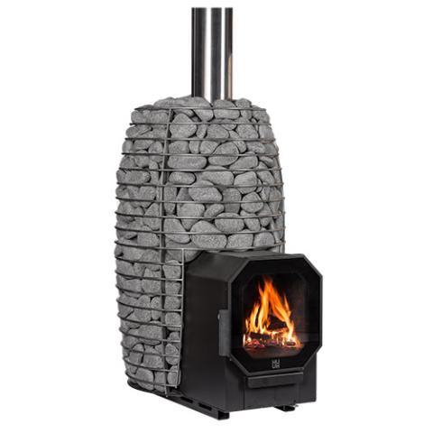 HUUM HIVE Flow LS wood-burning sauna stove with firebox extension, filled with stones