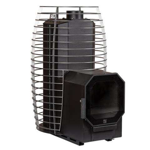 HUUM HIVE Flow LS wood-burning sauna stove without stones, showing the firebox extension