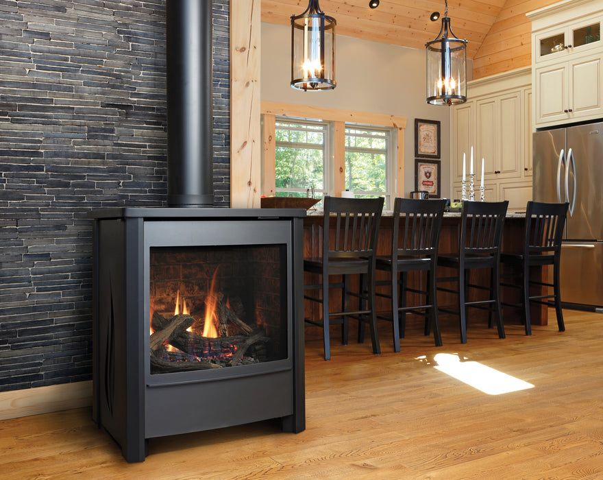 Kingsman FDV451 stove with F450FBL charcoal door front and black posts, oak log set
