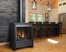 Kingsman FDV451 stove with F450FBL charcoal door front and black posts, oak log set