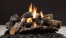 Kingsman GLVF vent-free burner lit beneath a split oak fiber log set, side view