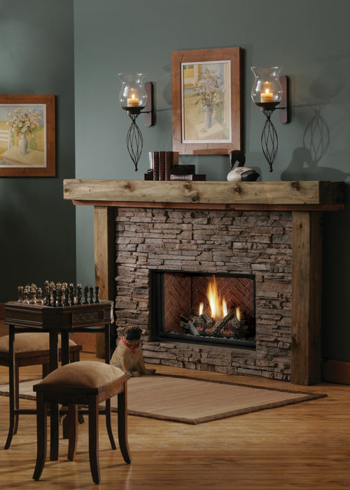 Kingsman HBZDV36 fireplace with Designer Clean View Circulating Kit, herringbone brick liner and log set