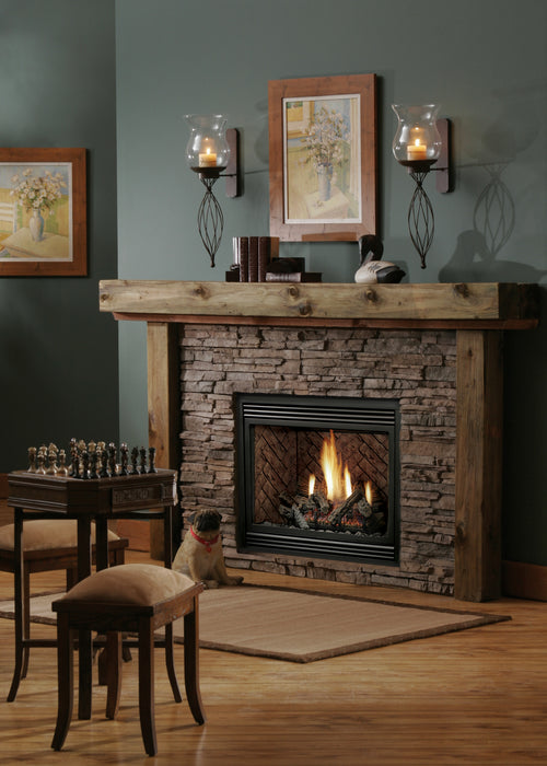Kingsman HBZDV36 fireplace with black surround and louvers, herringbone brick liner and log set