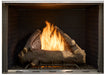 Majestic Black Premium Traditional Interior Panels for Courtyard 36" & 42" Gas Fireplace (ODCOUG-36BKTR / 42BKTR) installed in a Courtyard fireplace with oak logs burning