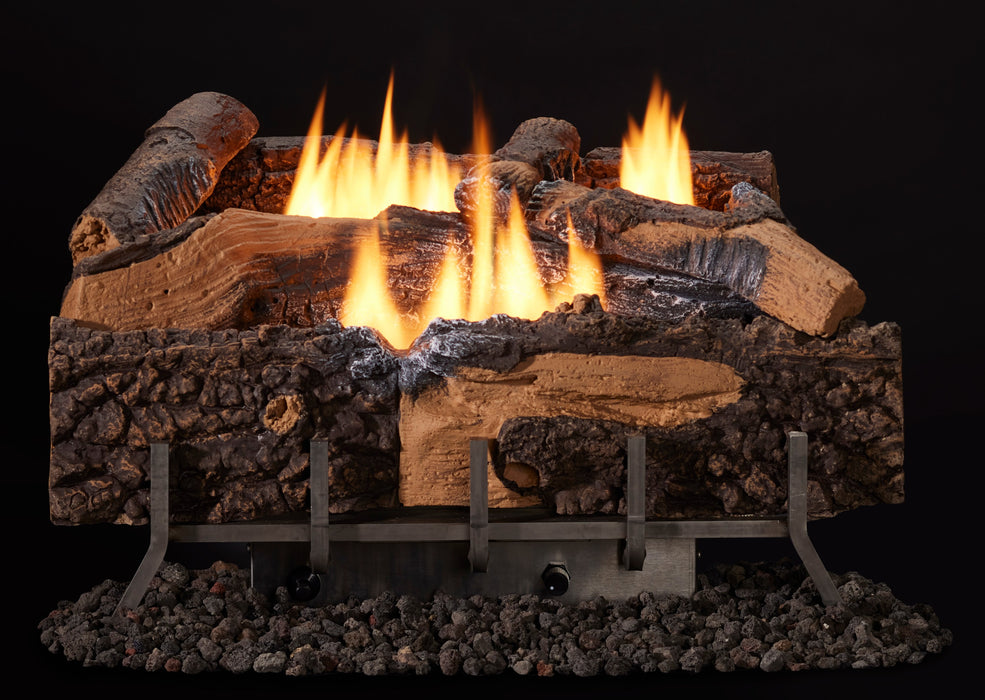 Majestic Mezmer 24" Log Set for Lumonessen Outdoor Gas Burner (MZMR-24) on a Lumonessen burner with stainless steel pan