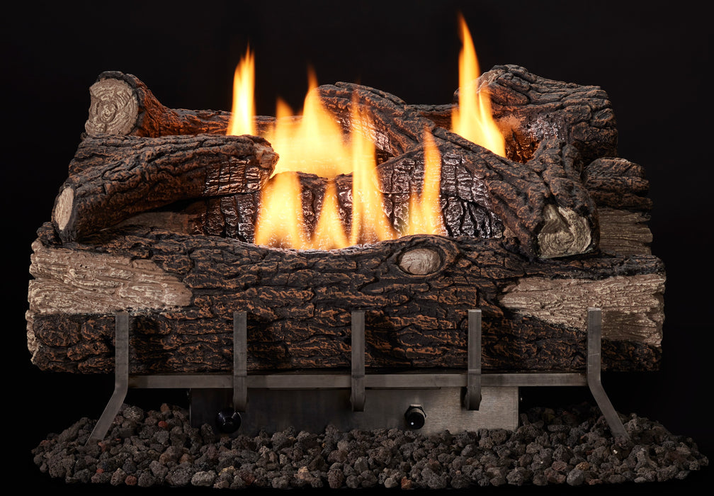 Majestic Lumonessen Outdoor Natural Gas Burner With Manual Ignition (LUM-OD-NM) shown with the optional Mountain Oak log set and stainless steel pan