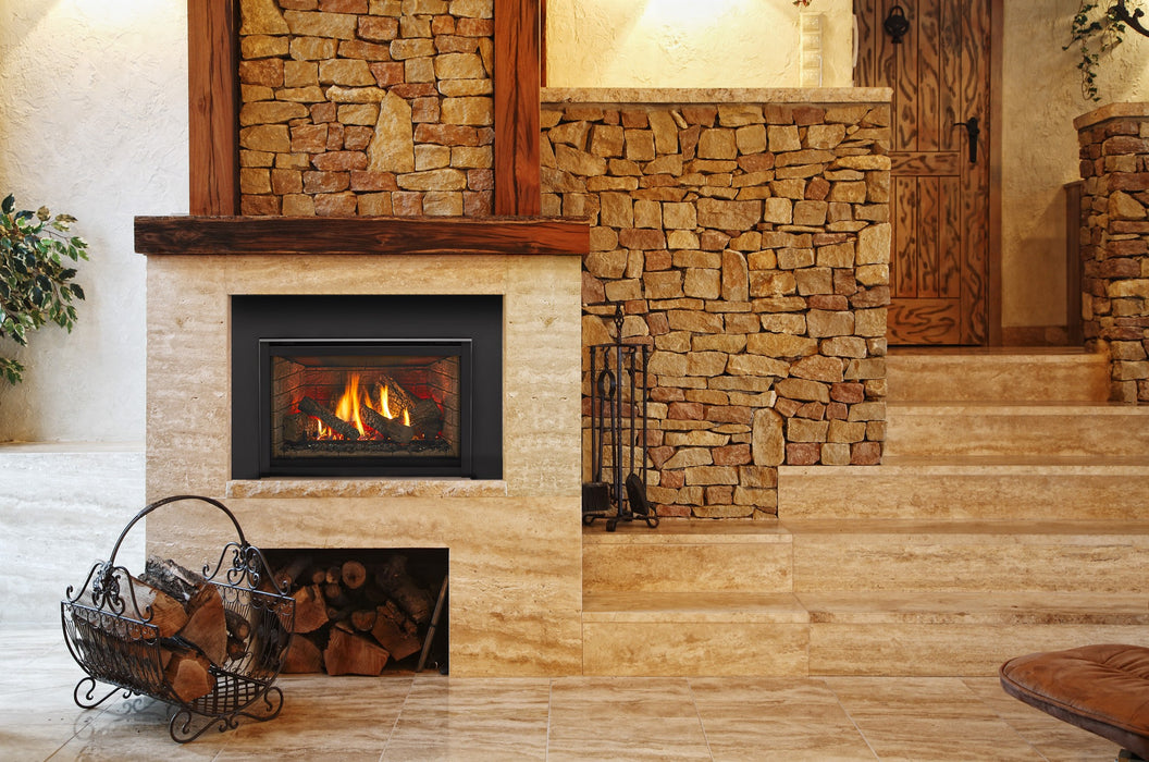 Majestic Trilliant 30 gas insert, black inside-fit surround with brick interior