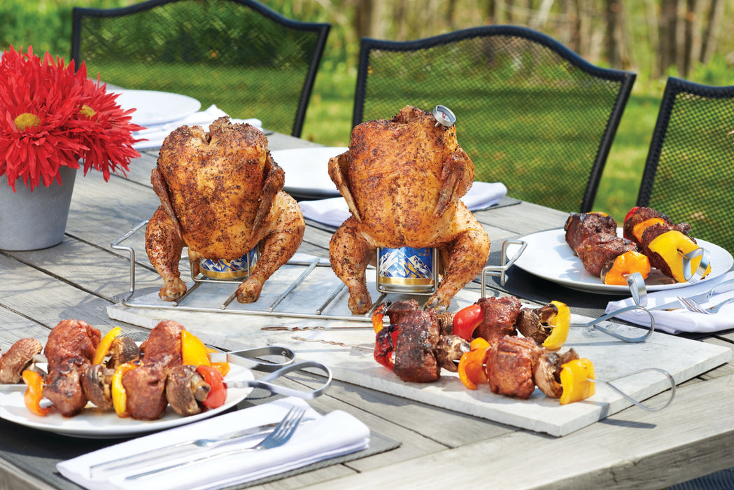70015 Eight Stainless Steel Multifunctional Skewers – in use outdoors