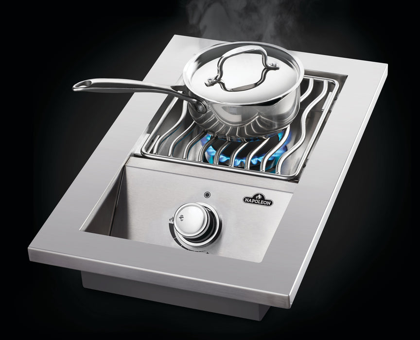 13" Built-in 500 Series Single Range Top Drop-in Burner – angled view, lit with pot