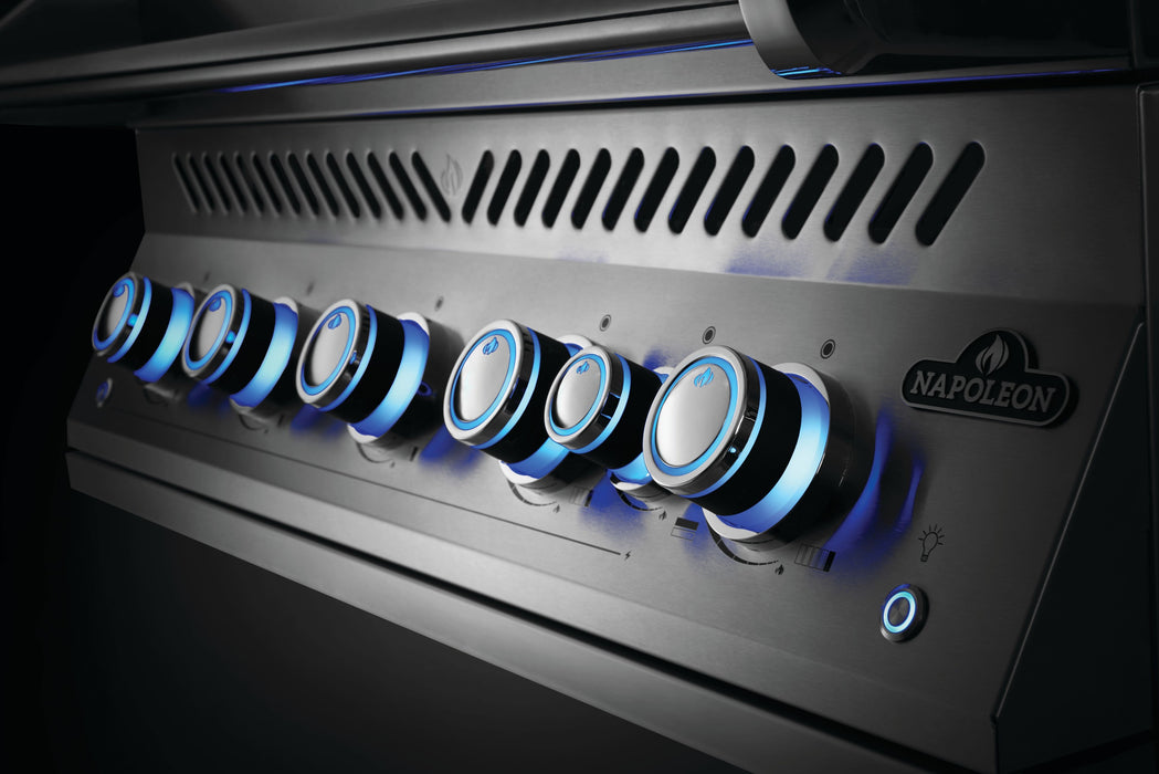 700 Series 38" Built-in Gas Grill with Infrared Rear Burner – close-up of lit control knobs