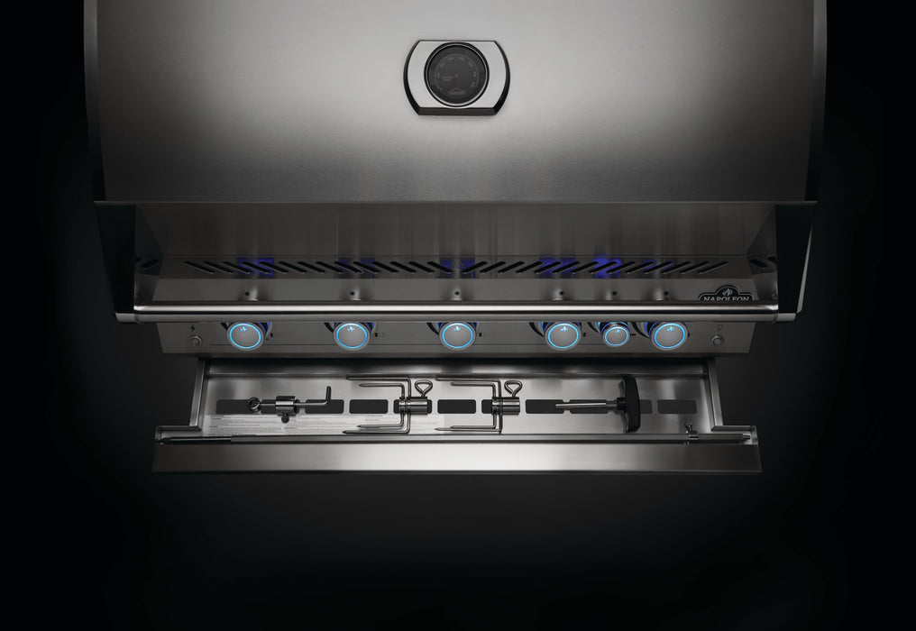 700 Series 38" Built-in Gas Grill with Infrared Rear Burner – close-up of rotisserie storage and lit knobs