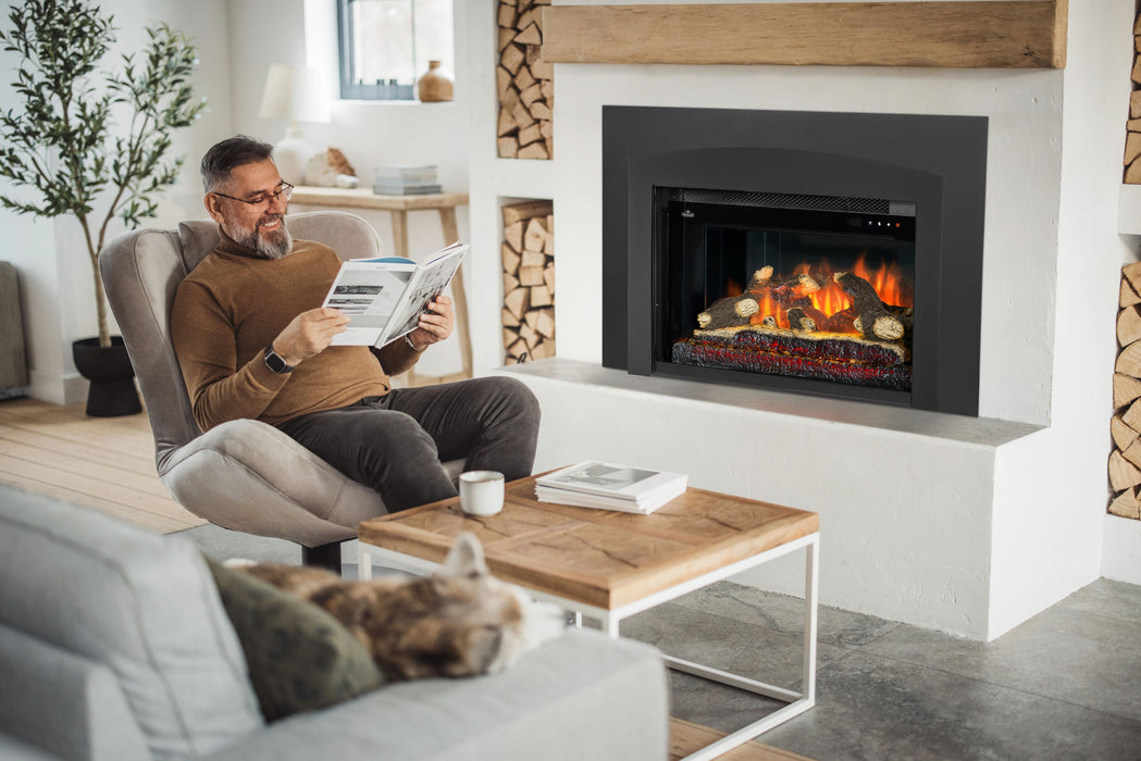 Rosedale 29" Smart Electric Fireplace Insert – installed in a living room, with arched faceplate
