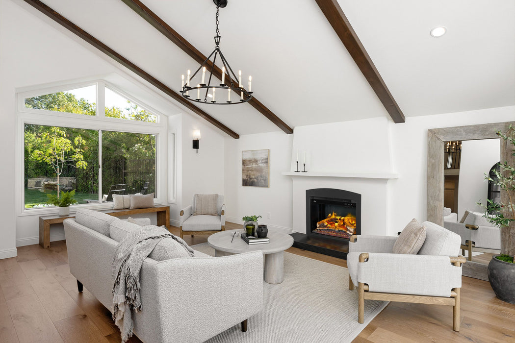Rosedale 29" Smart Electric Fireplace Insert – installed in a living room, with arched faceplate, view 2