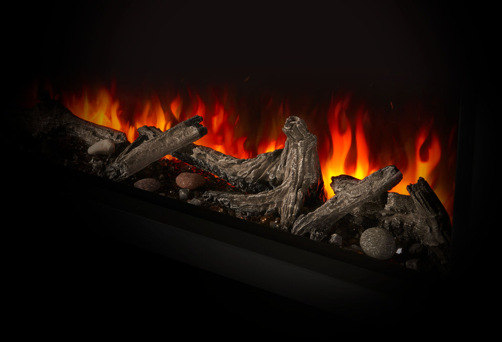 Astound 62" Built-in Electric Fireplace – close-up of driftwood media