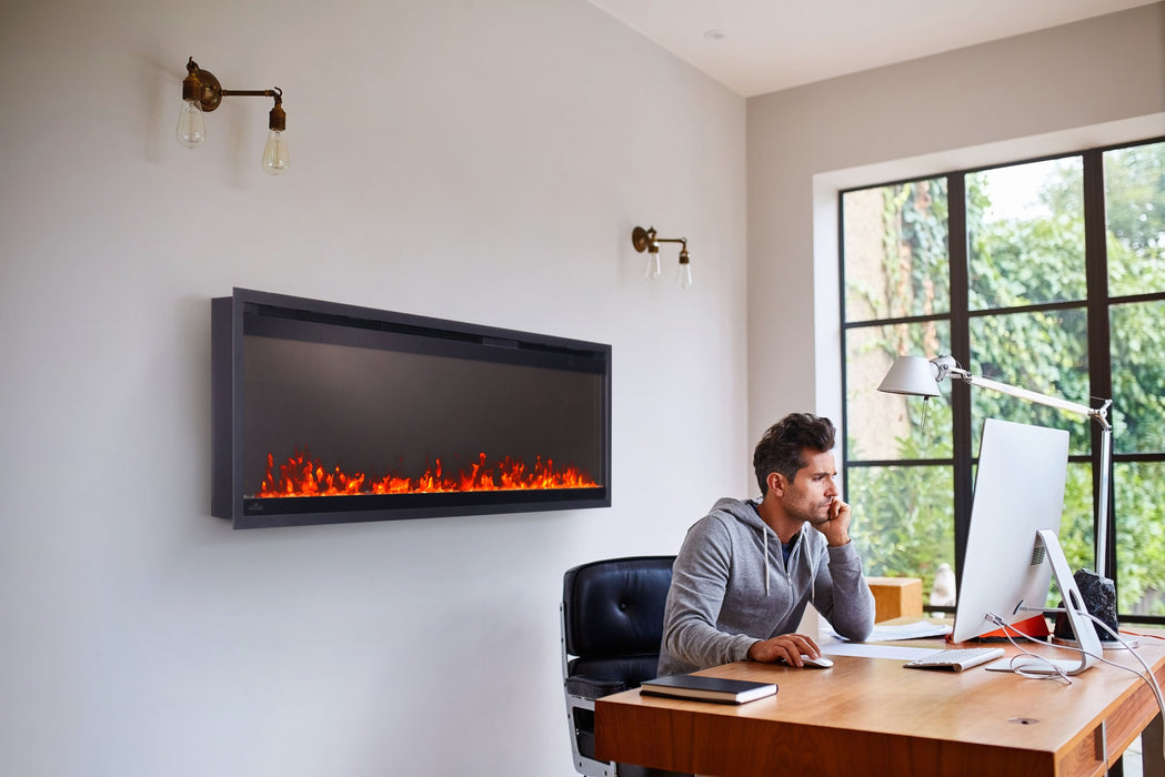 Astound 50" SlimMount Smart Electric Fireplace – installed in an office, with wall mount, embers