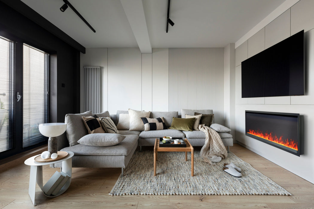 Astound 62" SlimMount Smart Electric Fireplace – lifestyle photo, with wall mount, clear glass embers