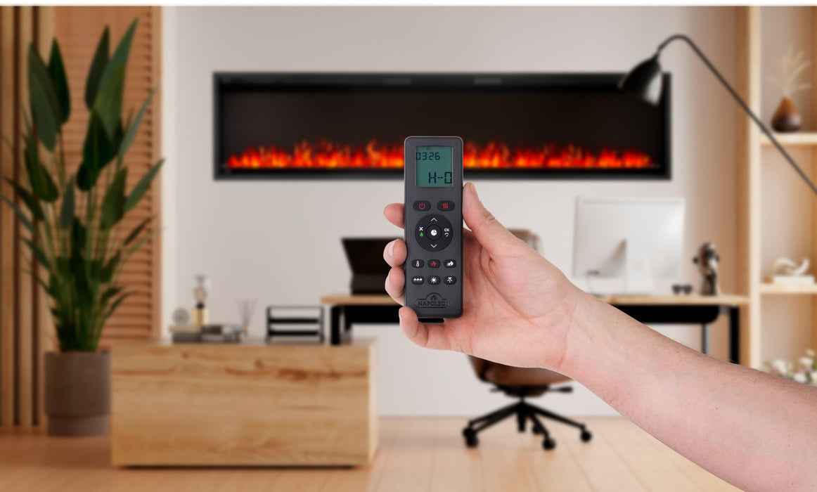 Astound 74" SlimMount Smart Electric Fireplace – in use, with remote control
