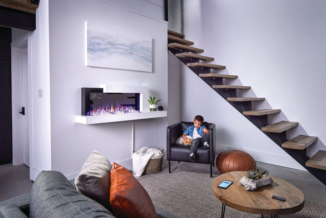 Stylus Cara Elite Connected Wall Hanging Electric Fireplace – lifestyle photo with child and dog