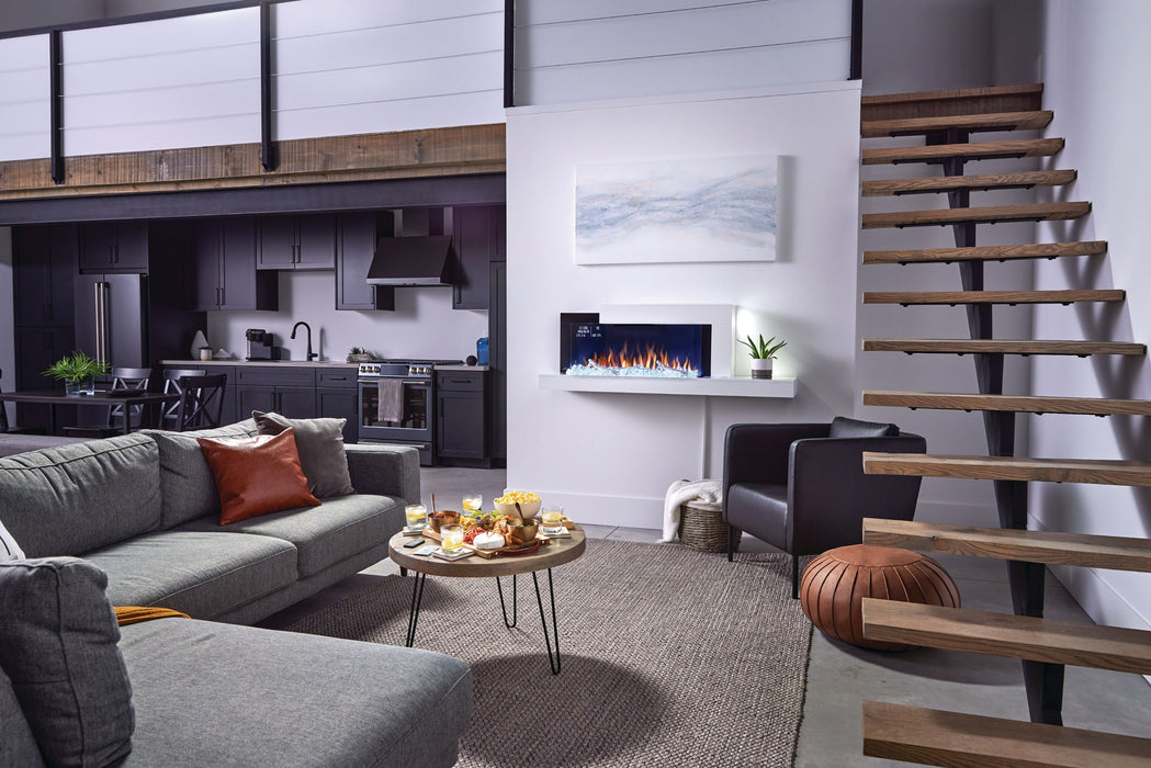 Stylus Cara Elite Connected Wall Hanging Electric Fireplace – lifestyle photo, angled view