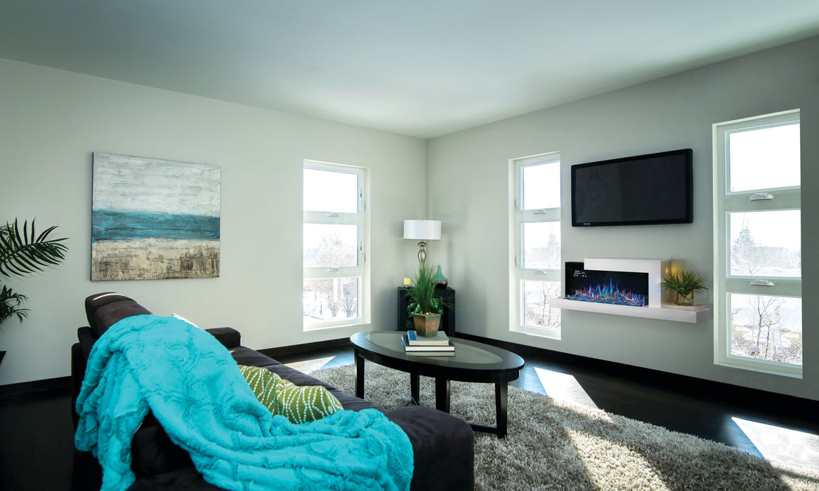 Stylus Cara Elite Connected Wall Hanging Electric Fireplace – lifestyle photo, with birch logs and embers