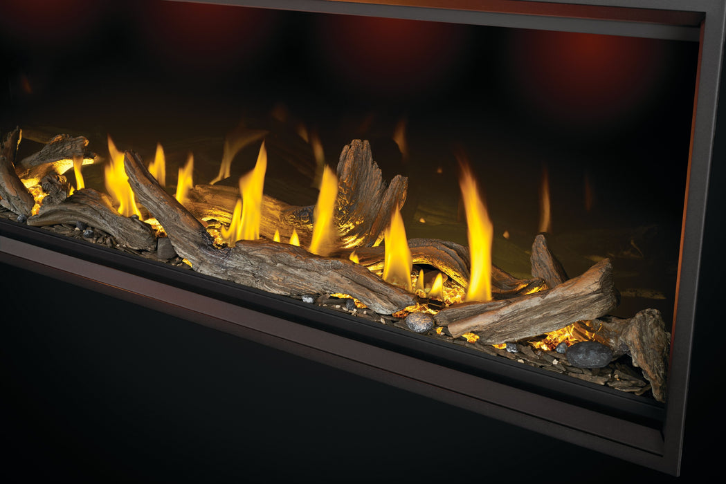 Tall Vector 74" Direct Vent Gas Fireplace – close-up of driftwood log media