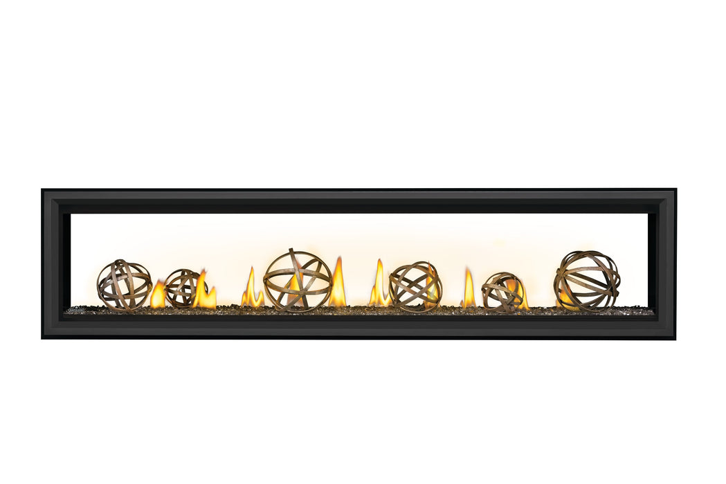 Vector 74" See-Through Direct Vent Gas Fireplace – glass globes and embers with safety barrier, front view