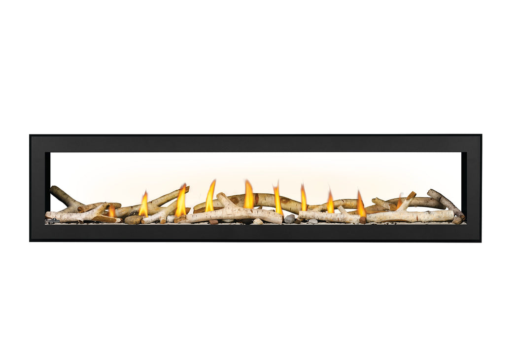 Vector 74" See-Through Direct Vent Gas Fireplace – birch logs with safety barrier, front view