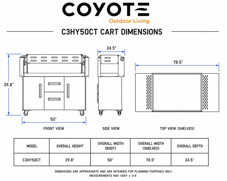 Coyote C3HY50CT cart dimension drawing: 50" body, 78 1/2" with shelves up