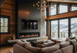 SimpliFire Allusion Edge 100" electric fireplace with crystals and chromatic flames in a cabin living room
