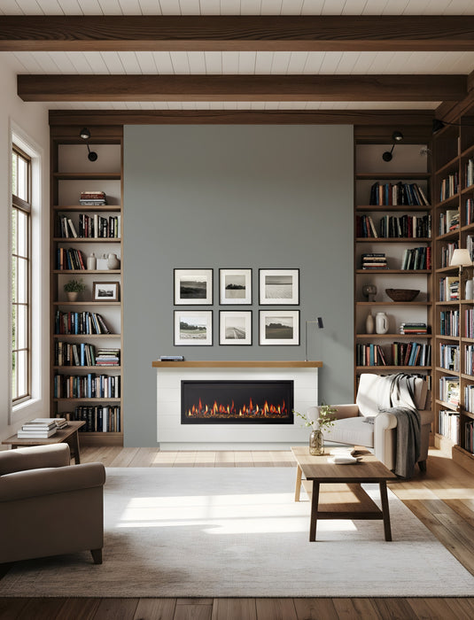 SimpliFire Allusion Edge 50" electric fireplace in a Modern Farmhouse Boyd kit in a library
