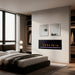 SimpliFire Allusion Edge 60" electric fireplace with glass crystals and dancing flames in a bedroom