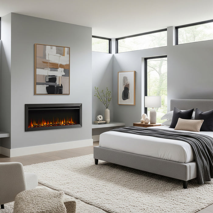 SimpliFire Allusion Slim 50" electric fireplace in a bedroom wall facing the bed